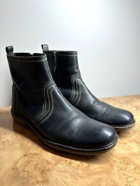 Roan Black Leather Side Zip Ankle Boots Men's Size 11 Distressed Leather